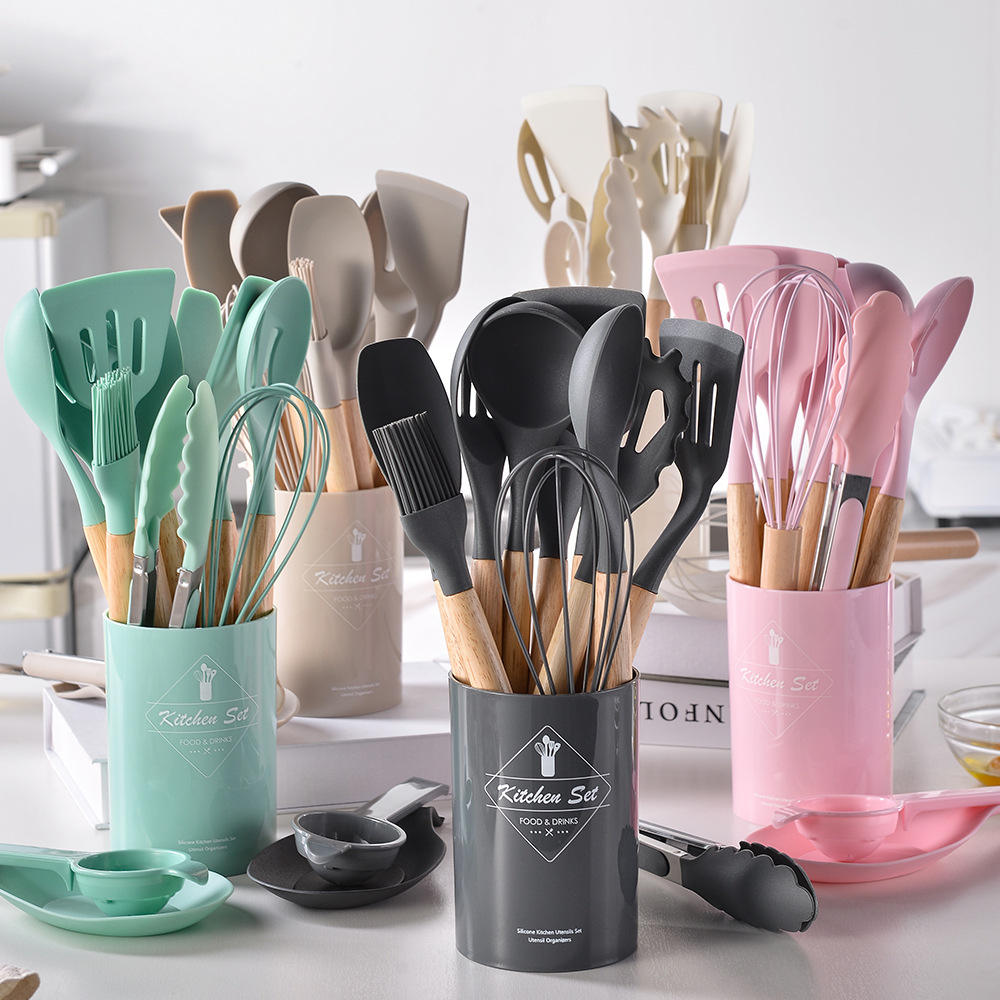 Kingwise 12/14-Piece Non-Stick Heat Resistant Cooking Utensils Set Food Grade Silicone Kitchen Tools Wood Durable Home Kitchen