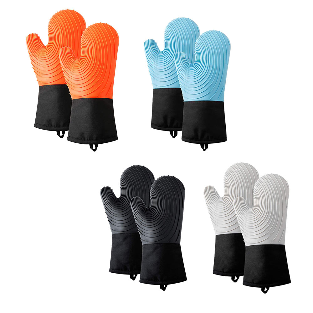 Kingwise Long-Style Silicone Oven Glove Set Heat Resistant Slip-Resistant for Baking Food BBQ Grill Use Cotton Microwave Mitt