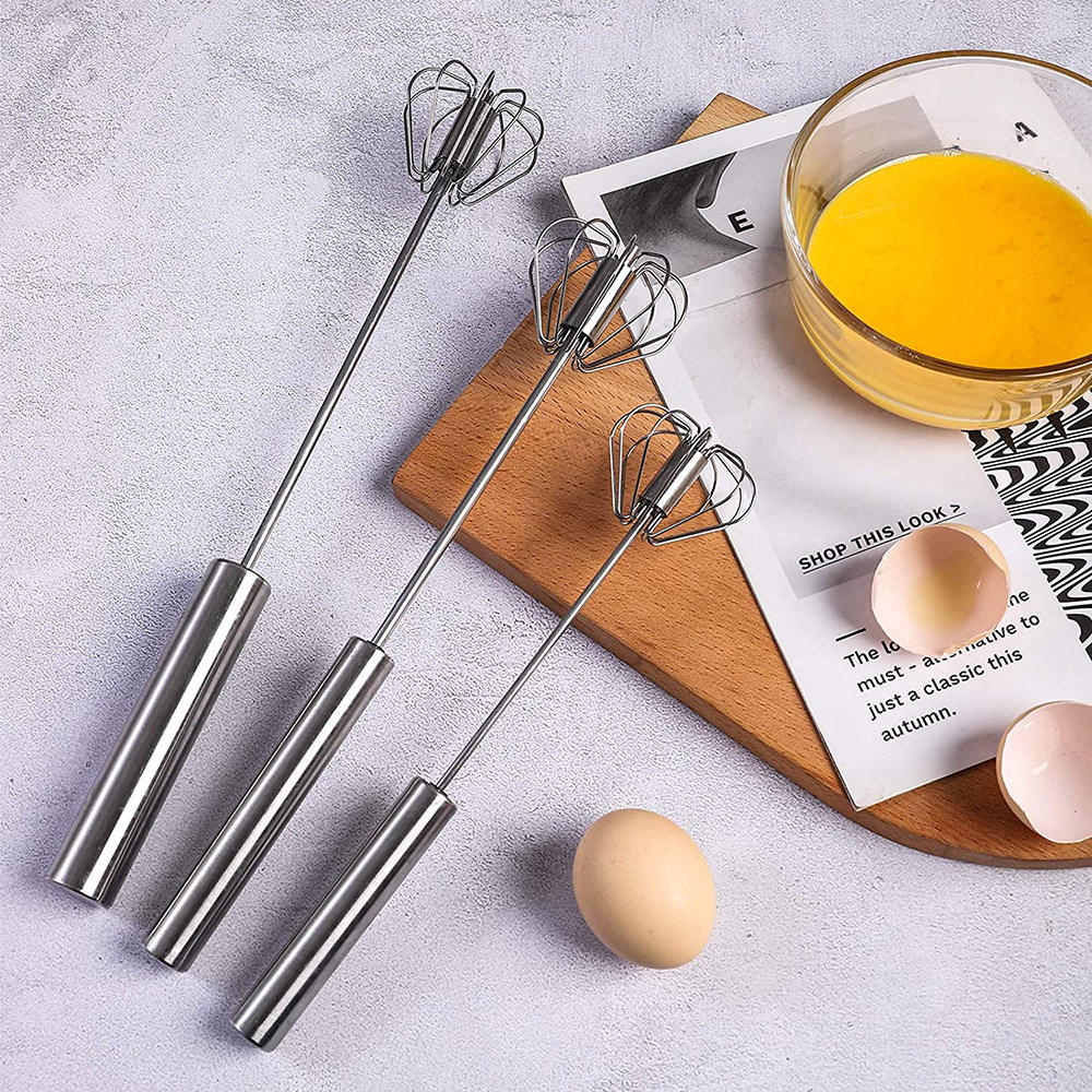 12-Inch Stainless Steel Kitchen Handheld Semi-Automatic Rotating Egg Beater Whisk Ware Manual Egg Whisk Beater for Home Use