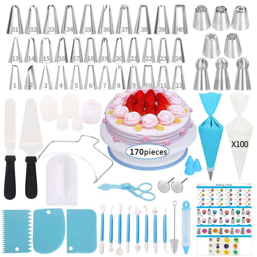 Kingwise 170-Piece Eco-Friendly Cake Decorating Kit DIY Silicone Pastry Piping Nozzles Turntable Set for Home Bakers
