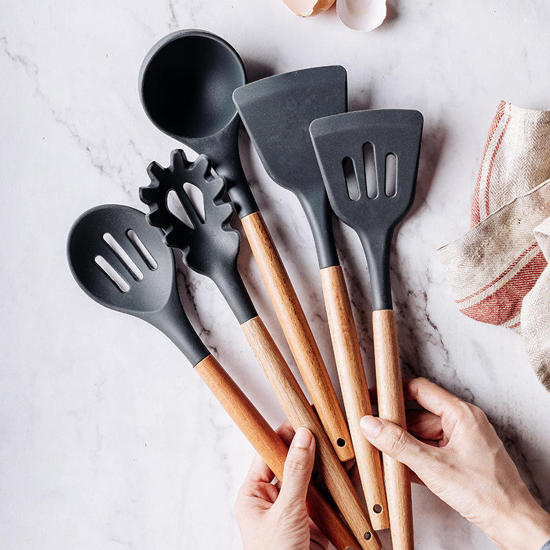 Kingwise 5-Piece Silicone Cooking Utensil Set with Wooden Handles Dishwasher Safe