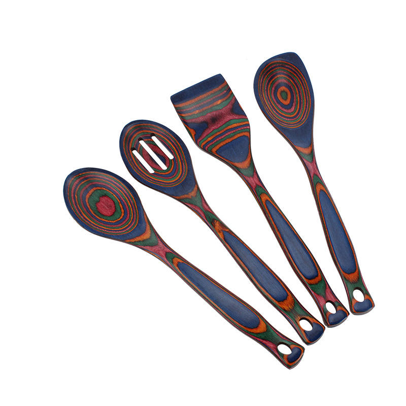 Kingwise 4-Piece Durable Natural Pakka Bamboo Wood Rainbow Color Home Kitchen Utensils Set