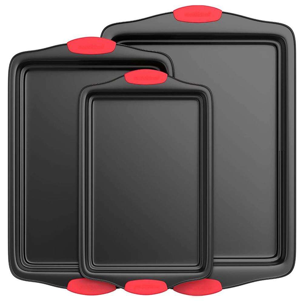 Kingwise Commercial Red Silicone Grip Handle Heavy Duty Bakeware Set 3 PCS Non Stick Biscuit Cookie Baking Tray Sheet