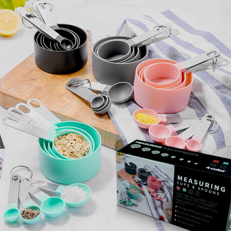Kingwise Hot Sale Set of 8 Stainless Steel Handle Measuring Cups Spoons Plastic Kitchen Tools for Baking Cake Tool Set