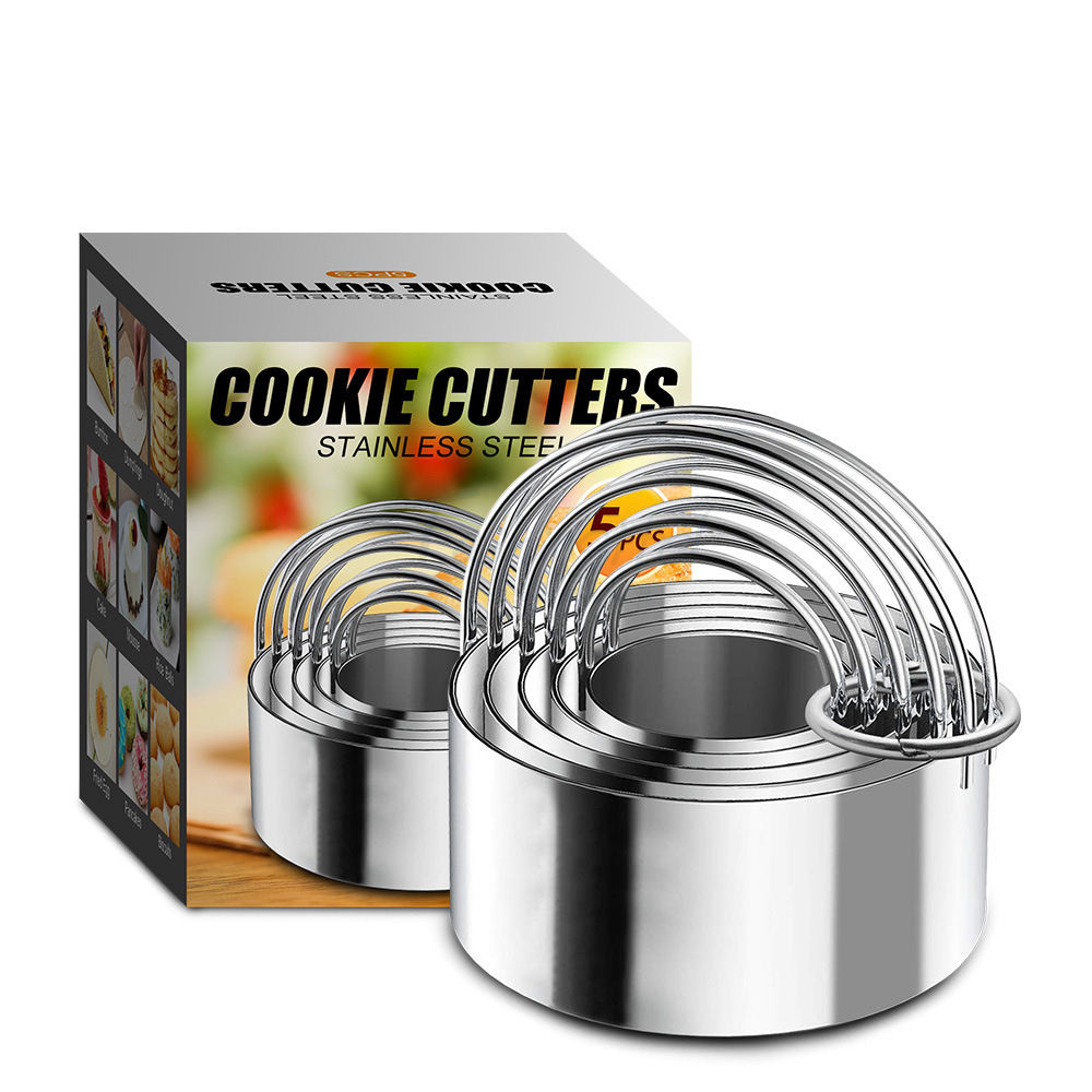 Kingwise Baking Pastry Tools Supply Custom Biscuit Mold Round Circle Christmas 5 Pcs Stainless Steel  Cookie Cutter Set