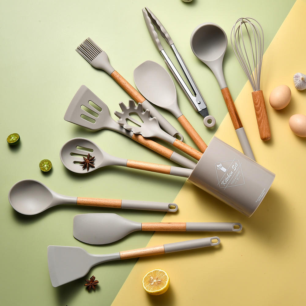Kingwise 11-Piece Non-Stick Silicone Kitchen Utensil Set Wood Handle Cooking Accessories for Home Use Wholesale Available