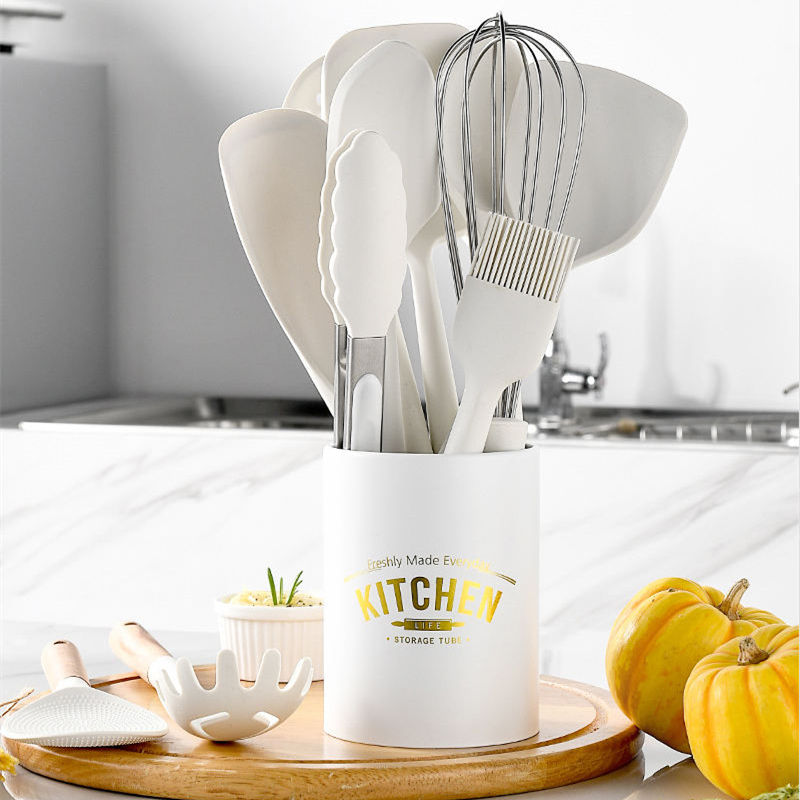 Kingwise Kitchen Silicone Utensils Set 7/8/9/12 Pieces Cooking Spatula with Wooden Handle Dishwasher Safe Utensil Holder