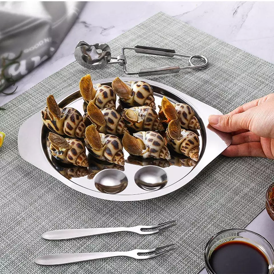 Kingwise Stainless Steel Escargot Tool Set Snail Plate Forks & Tong Kitchen Accessories Dishware Pattern Plate & Forks