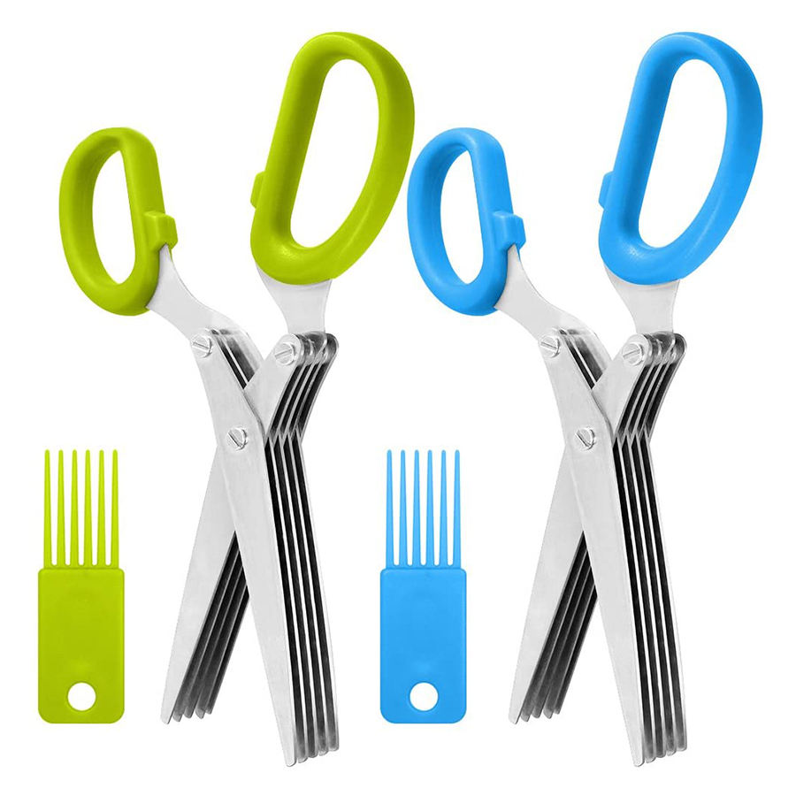 Kingwise Wholesale Kitchen Green Onion Vegetable Scissors Shredded Paper Shear Stainless Steel Five Layer Vanilla Herb Scissors