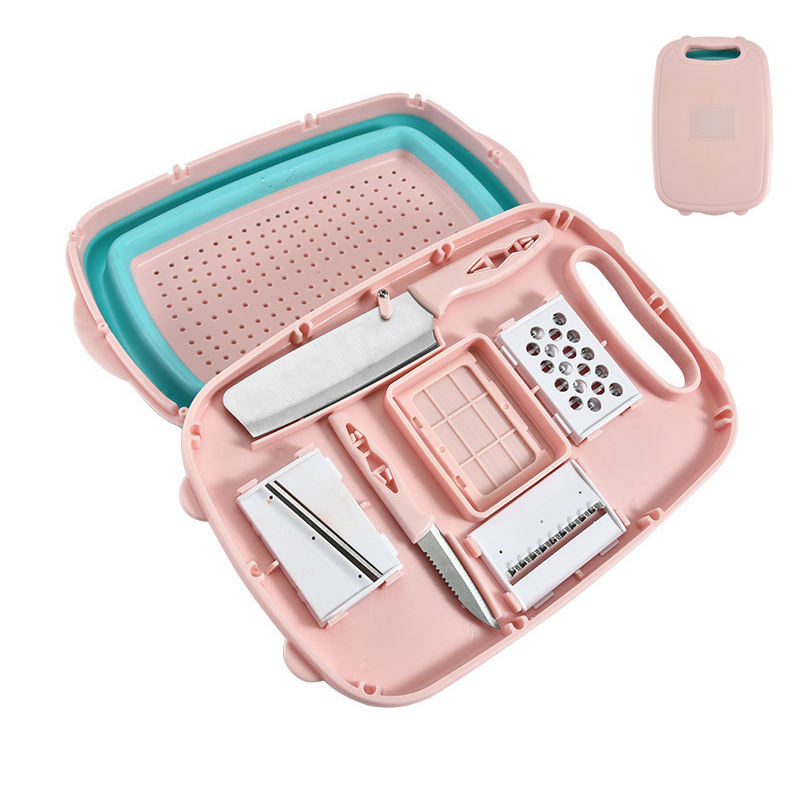 KINGWISE Bbq Prep Tub Plastic Foldable Collapsible Chopping Cutting Board Set with Water Drain Storage Basket Knife Set