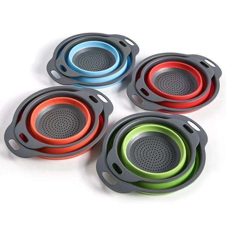 Hot Sale 2Pcs Set Foldable Filter Strainer Round Collapsible Colander Kitchen Plastic Fruit Vegetable Washing Drain Basket
