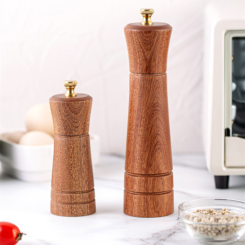 Kingwise Eco-Friendly Manual Grinder Ceramic Mechanism Wood Pepper Mill Set Gold Salt and Pepper Shakers Made From Acacia Wood