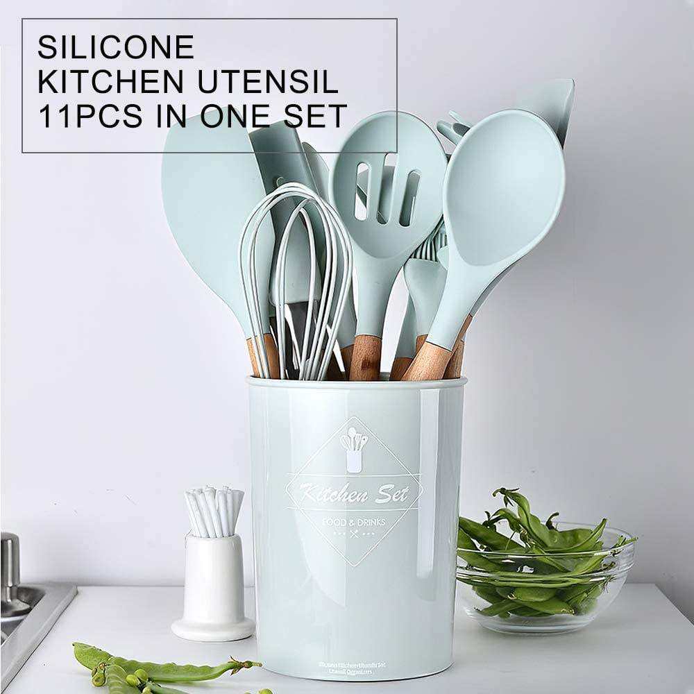 KINGWISE Hot Selling 12-Piece Set of Silicone Cooking Tools with Wood Handle Kitchen Ware Essentials for Home Cooking