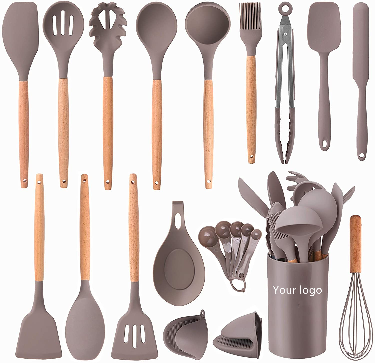 Kingwise 22-Piece Durable Heat-Resistant Kitchen Utensils Set Grey Silicone Oven Safe Nonstick Pans Christmas Gift Home Kitchen