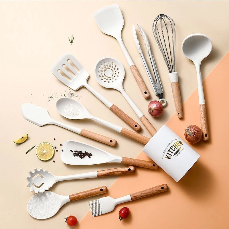 KINGWISE Portable 12pcs Silicone Kitchen Accessories with Wood Handle Non-Stick Heat Resistant Cooking Utensil Set Box Packed
