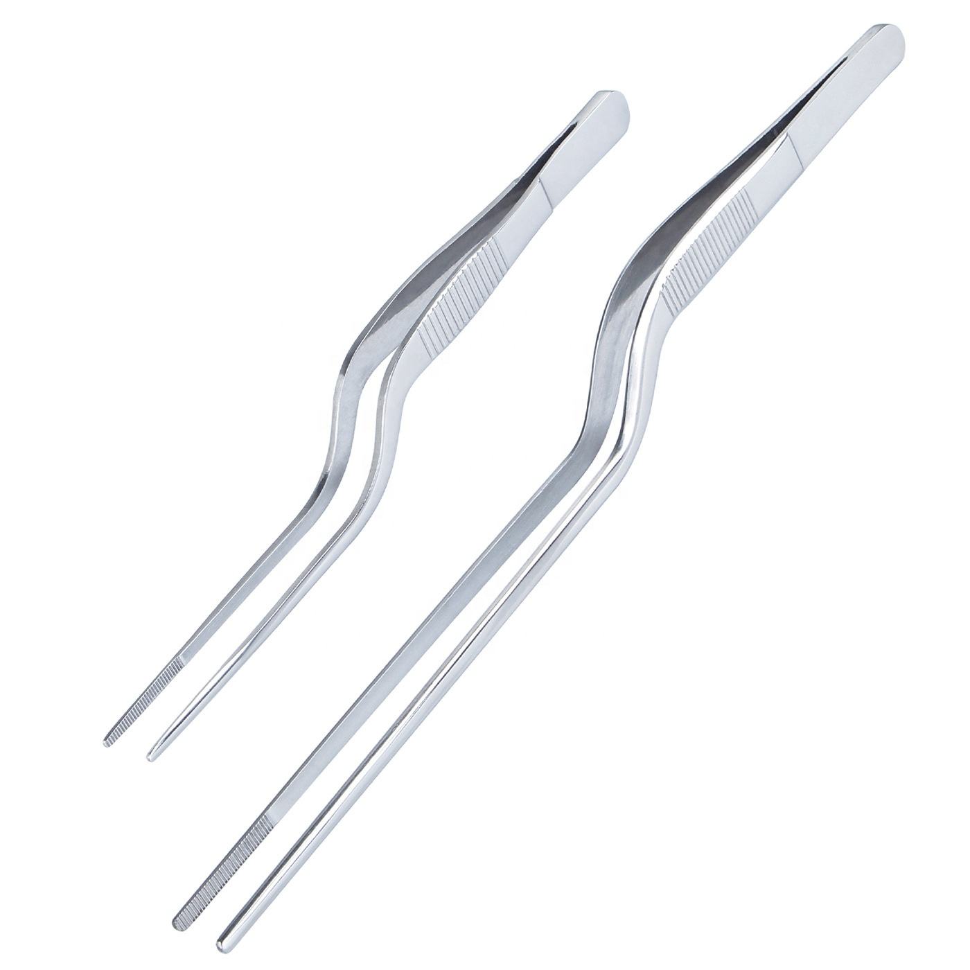KINGWISE High Quality Safe Chef Cooking BBQ Food Tong 2 Pieces Curved Tip Stainless Steel Kitchen Tweezers Set Home Kitchen