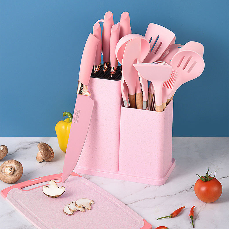 Kingwise Kitchen Accessories Wooden Handle Silica Gel Kitchen Utensil Set and Cuttings Board Storage Bucket Kitchen Gadget Set