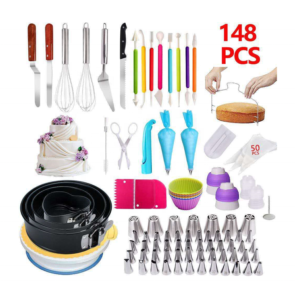 148pcs Simple Style Cake Decorating Tools Icing Piping Tips Nozzle Converter Pastry Cream Bag Set Baking Springfoam Pan