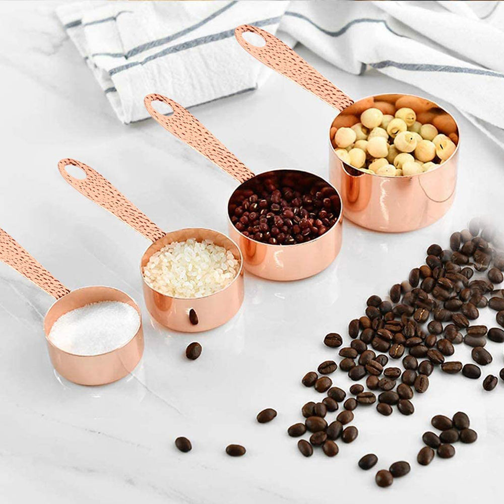 Kingwise 4pcs Kitchen Coffee Baking Tools Multi-use Measuring Cups and Spoons Rose Gold Stainless Steel Measuring Spoon Cup