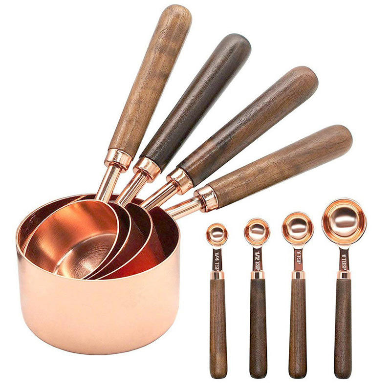 Kingwise Wholesale Baking Tools Rose Gold Copper Color Stainless Steel Measuring Cups and Spoons 8 Pcs Set with Wood Handle