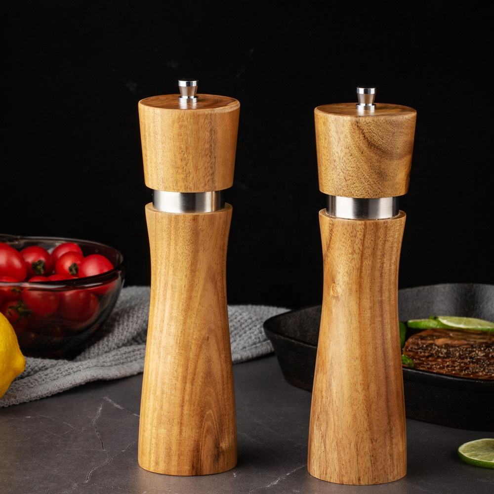 Kingwise Hot Sale Premium Eco-Friendly Wooden Acacia Pepper Mils Kitchen Restaurant Salt Pepper Grinder Set Rotary Knob