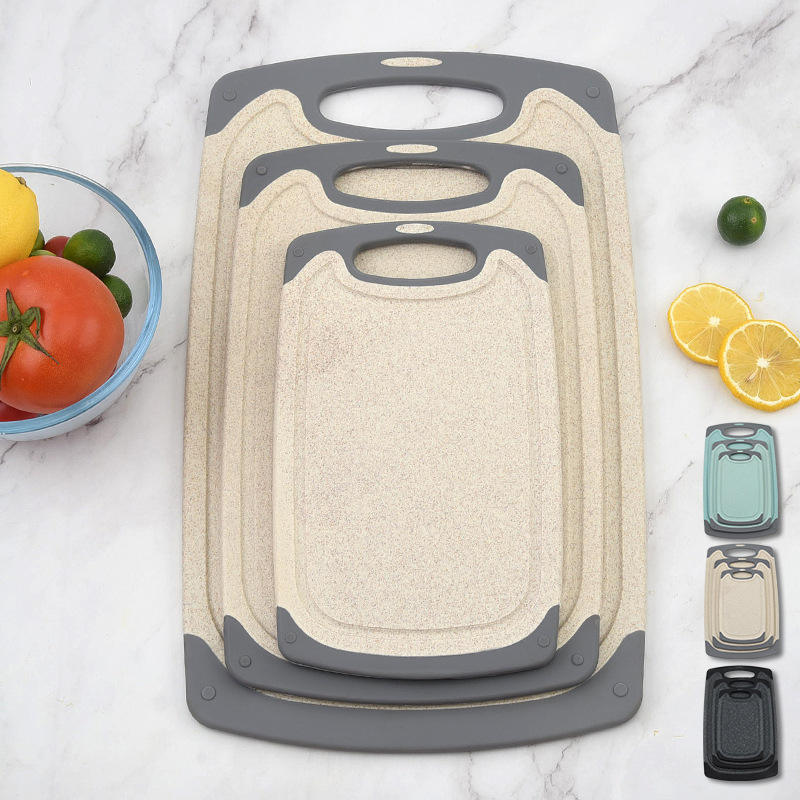 Private Label Kitchen 3 Pcs Plastic PP Cutting Fruit Meat Chopping Board Wheat Straw Cutting Board Sets with Juice Grooves