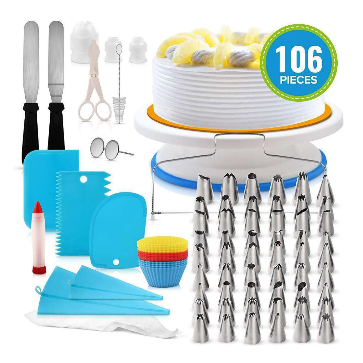 Kingwise Wholesale DIY Cake Baking 106 Piece Set TPU Decorating Icing Bag Cake Turntable Cake Stand Decorating Tools Set
