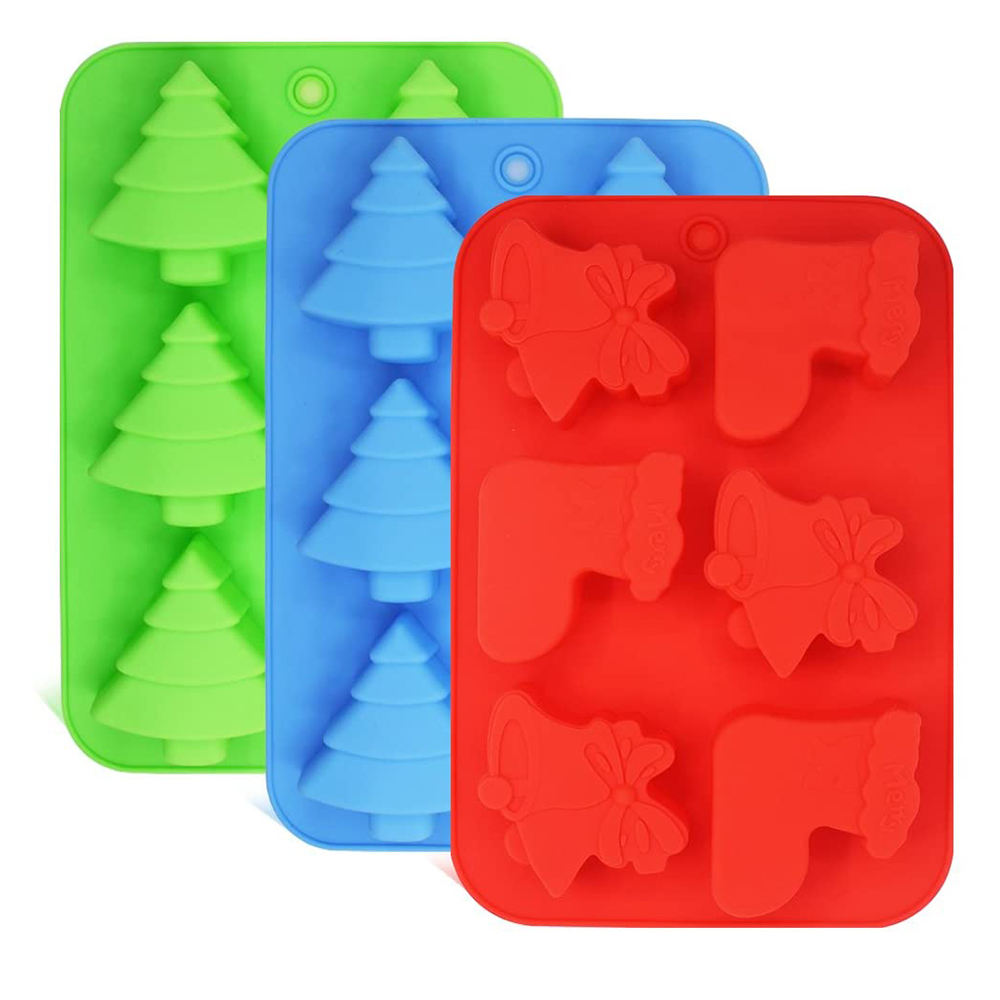 Santa Claus Trees Socks & Bells Silicone Molds Holiday Christmas Baking Trays for Cake Candies Chocolates & Jelly Moulds