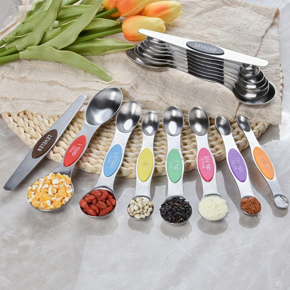Kingwise Hot Sale 8-Piece Magnetic Double-Ended Measuring Spoon Set 304 Stainless Steel Teaspoon Spatula for Baking Kitchen