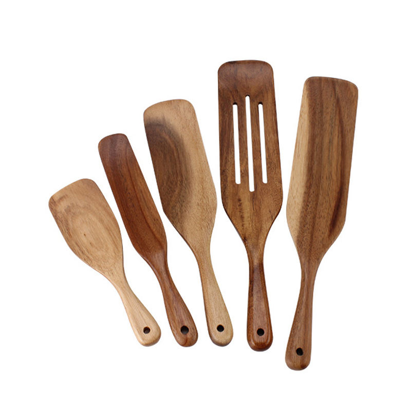 Kingwise Top Selling Kitchen Tools High Quality Wooden Spurtle Set of 5pcs Acacia Wood Kitchen Utensils Set for Cooking
