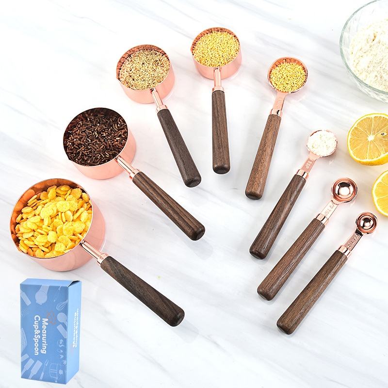 Kingwise Vintage Walnut Wood Handle 8-Piece 304 Stainless Steel Eco-Friendly Dishwasher Safe Measuring Cups Spoons Set Tools