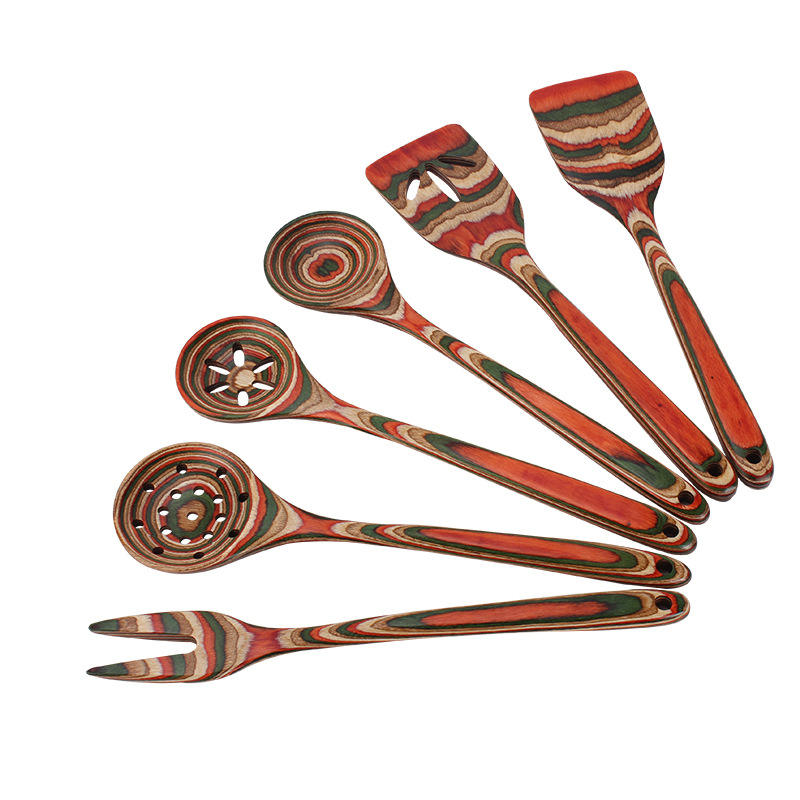 Kingwise 6-Piece Eco Solid Wood Kitchen Utensil Set New Colorful Portable Spatula Spoon Bamboo Pakkawood Cooking Utensils