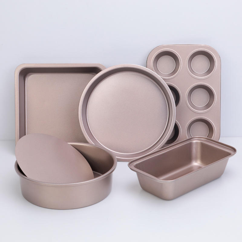 Kingwise Home Kitchen Custom Nonstick Bakeware Set 5 Piece Gold Carbon Steel Cake Pan Non-Stick Baking Tool