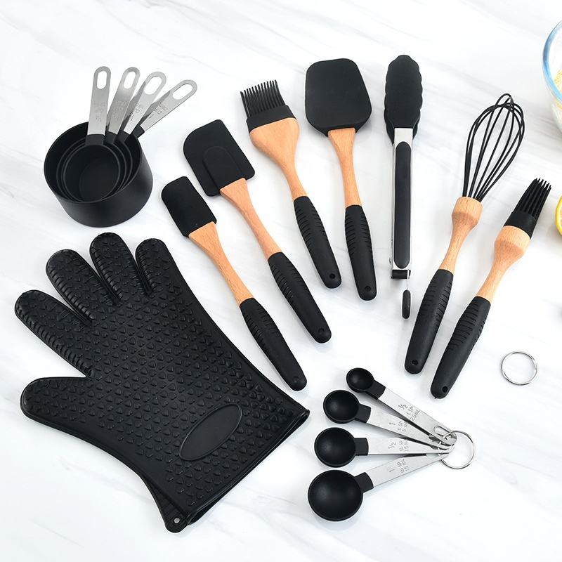 Kingwise Manufacturer Supply Silicone Cookware Set Heat Resistant Baking Spatula Scraper Tool Set with Wooden Handle