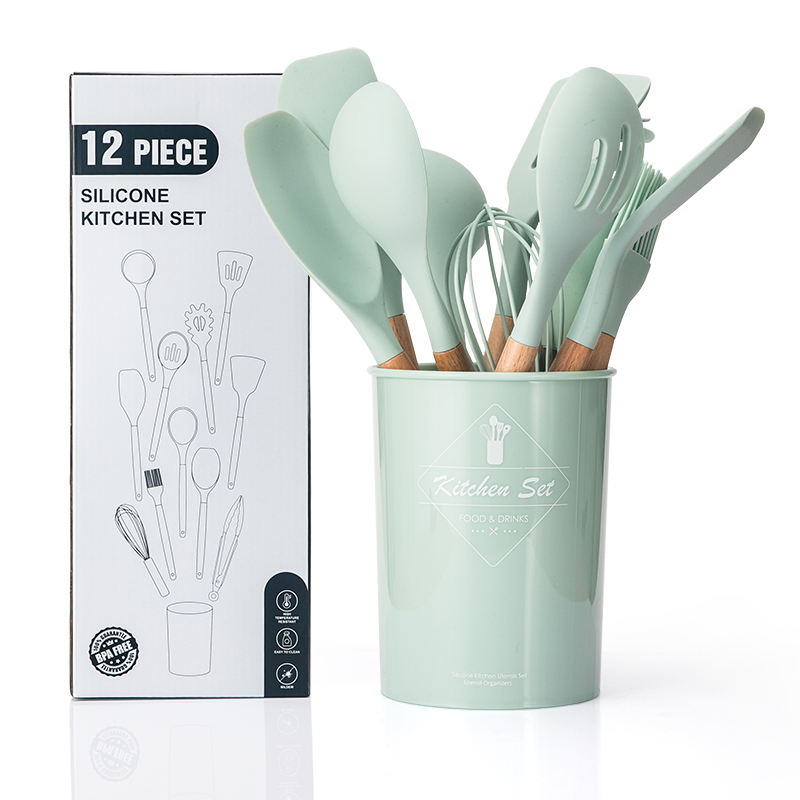 Kingwise 12-Piece Eco-Friendly Kitchenware Set Wholesale Wood Handle Cooking Tools Silicone Serving Utensils for Home Kitchen