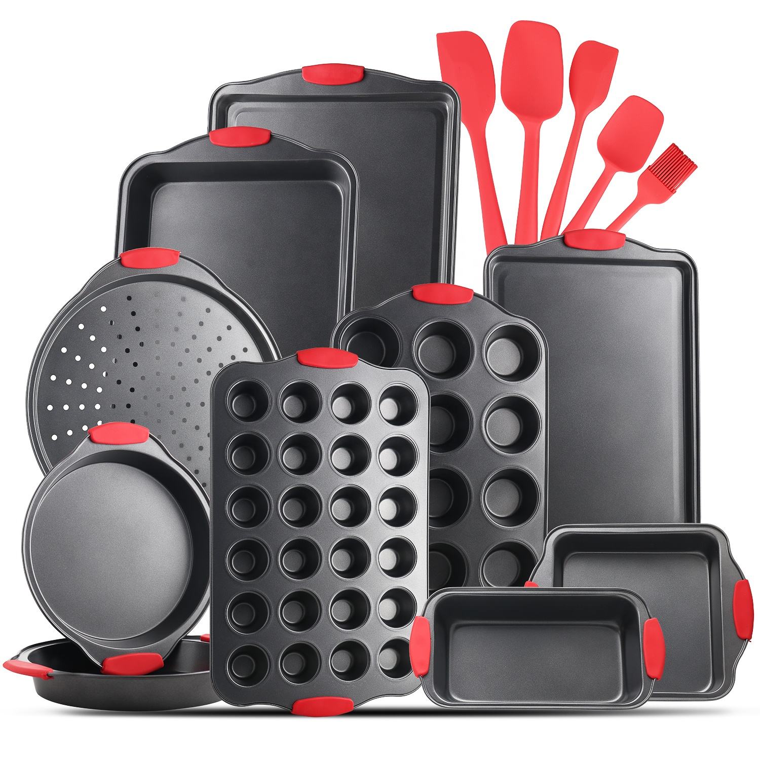 Non Stick Coating Carbon Steel 15 Piece Baking Tools Silicone Handle Pizza Loaf Cookie Muffin Baking Pan Tray Bakeware Set
