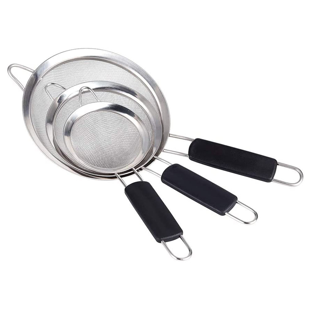 Kingwise Premium Fine Mesh Food Strainers Set Multi-Size Stainless Steel Kitchen Tool with Comfortable Non-Slip Handles Home Use