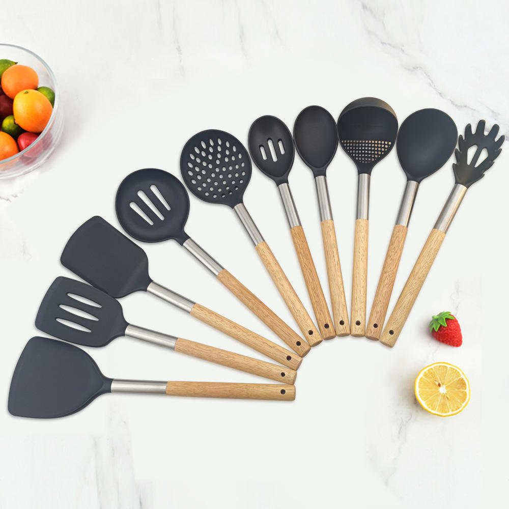 Kitchen Gadget Accessory Set 10pcs Eco-Friendly Plastic Utensils Wooden Handle Cooking Tools for Home Use Includes Forks Spoons