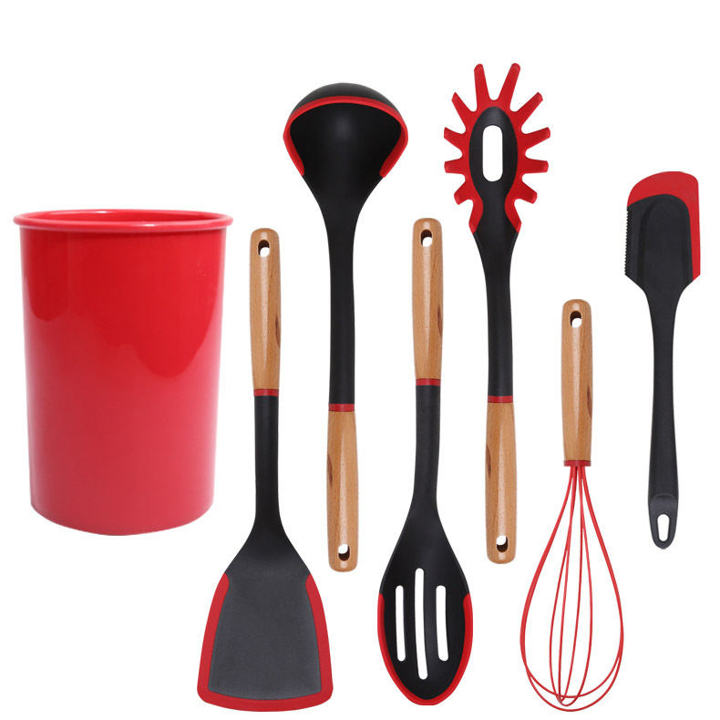 Kingwise Non-Stick Kitchen Accessories Set with Wooden Handle Silicone Utensils Ladle Holder Dishwasher & Microwave Safe China