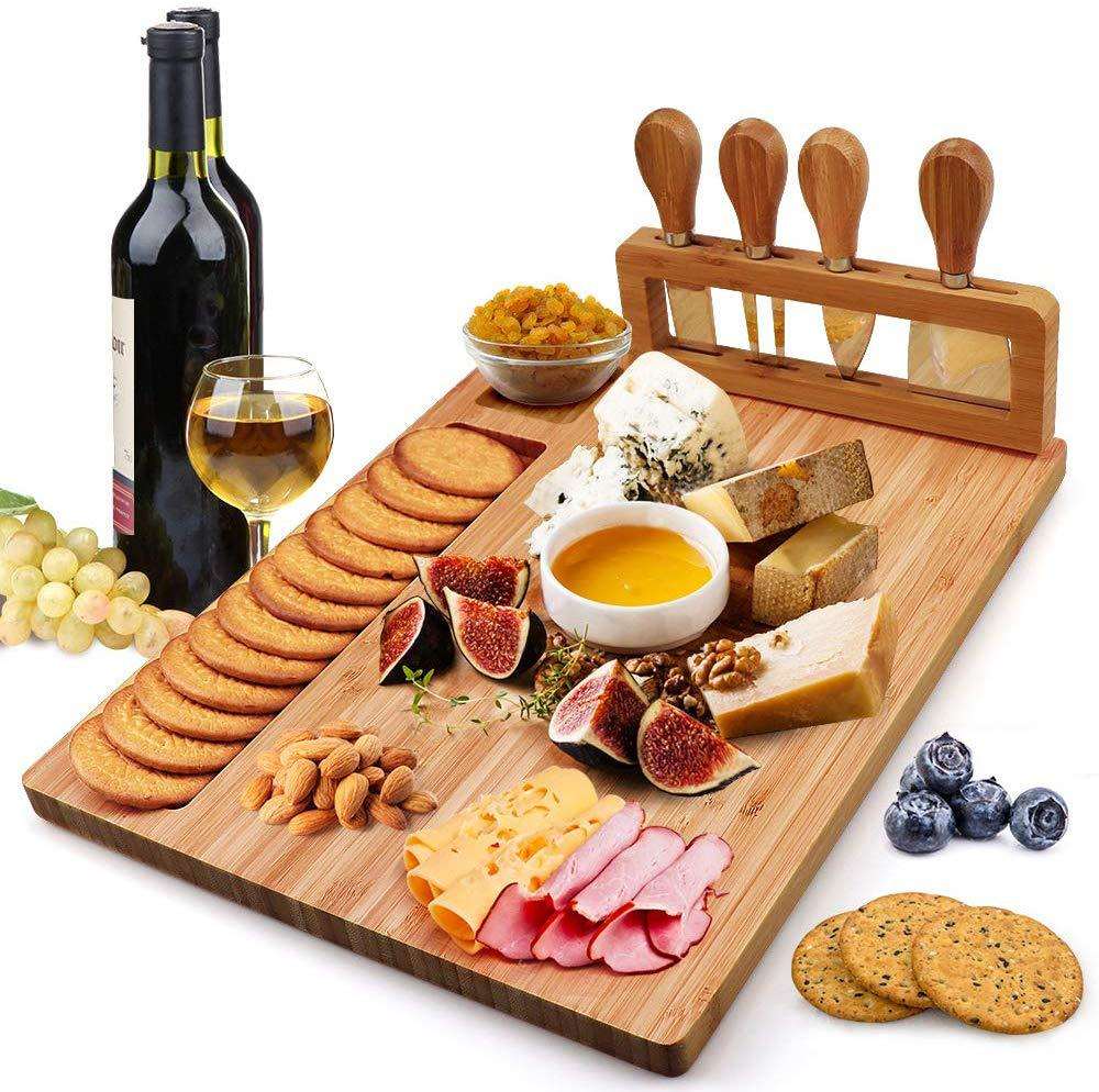 Kingwise Hot Selling Cheese Tools Bamboo Cheese Cutting Board with Cheese Knives for Kitchen for Serving & Plating Meat at Home
