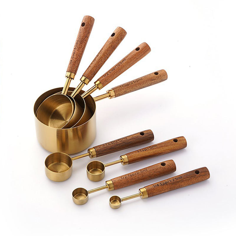 Kingwise 8pcs Gold Stainless Steel Measuring Spoons Set Kitchen Tools with Wooden Handle Tea Scoop and Cups