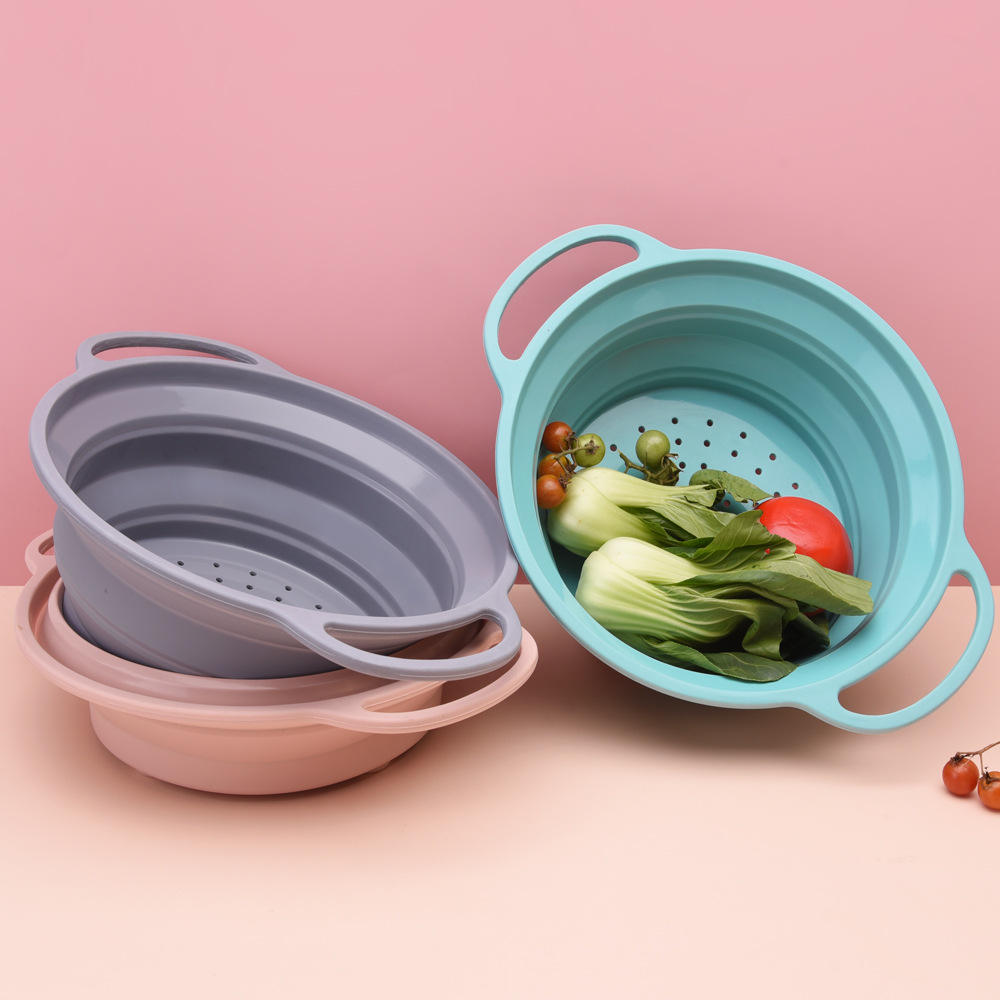 Kingwise Home Kitchen Foldable Colander Handle Silicone Stainless Steel Dishwasher Safe for Sink Straining Storing Fruits Food