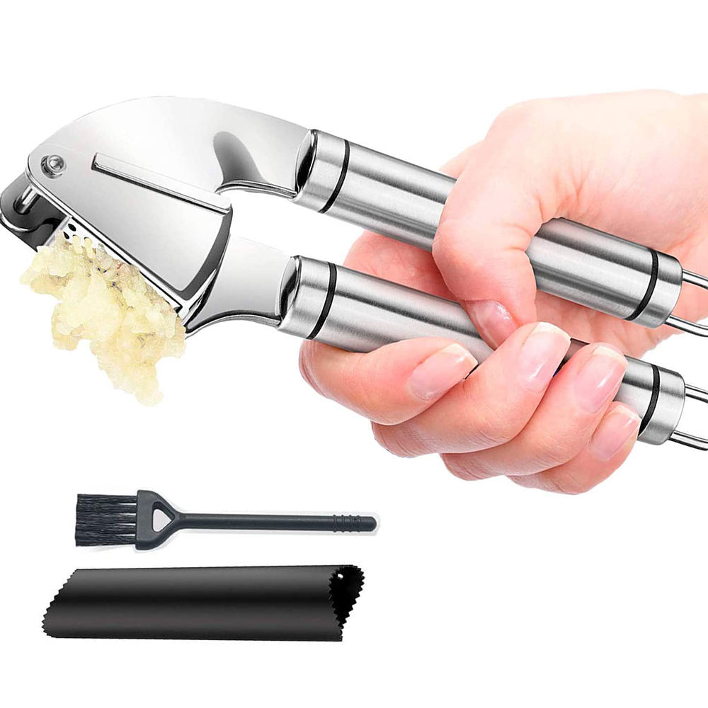 Kingwise Stainless Steel Hand Operated Garlic Press with Rocker and Silicone Roller for Fruit & Vegetable Tools Dishwasher Safe