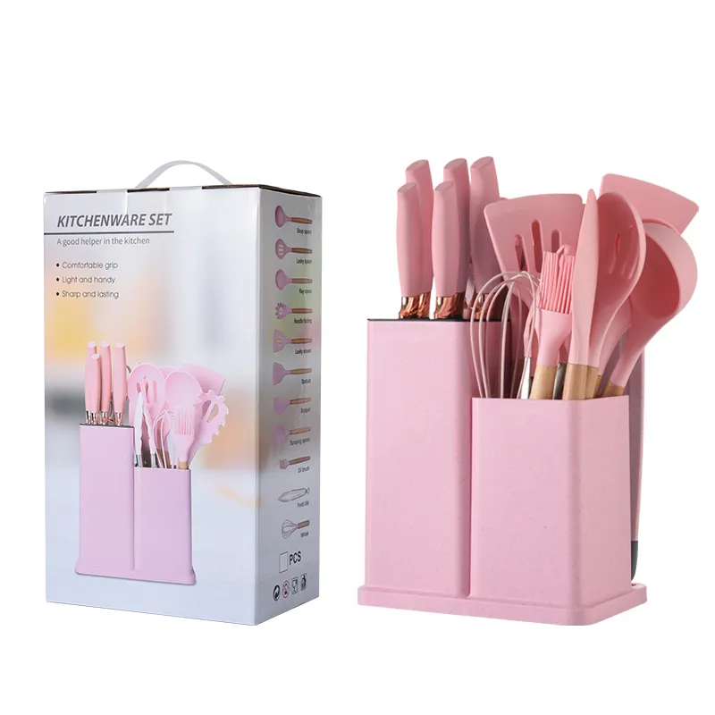 Kingwise 19-Piece Silicone Kitchen Utensil Set with Wooden Handle Cutting Board Storage Bucket Dishwasher Safe