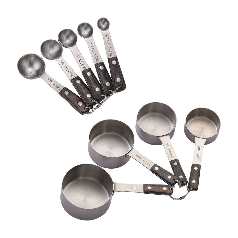 KINGWISE 9-Piece Stainless Steel Eco-Friendly Dishwasher Safe Measuring Spoon Set and Cup for Kitchen Use with Wood Handle