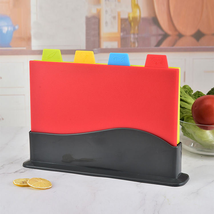 Kingwise Wholesale 4 Pieces Color Cutting Board Silicone Coded Index Kitchen Plastic Cutting Board Set with Storage Stand