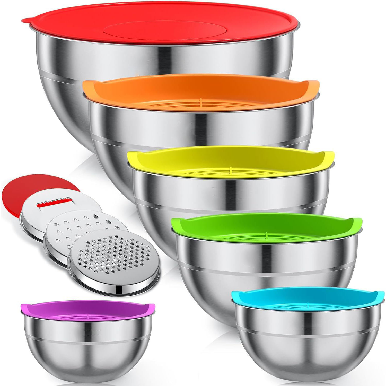 Kitchen Gadgets 6 Pcs Large Bowl for Baking Colored Lids Wholesale Stainless Steel Mixing Bowls with 3 Grater Attachments