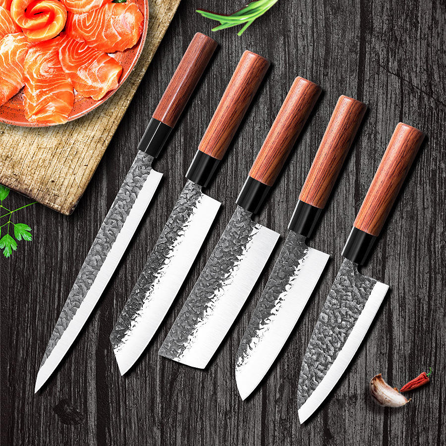 KINGWISE Handmade High Carbon Steel Kitchen Santoku Knife Sashimi Knife Japanese Knives Set With Wood Handle