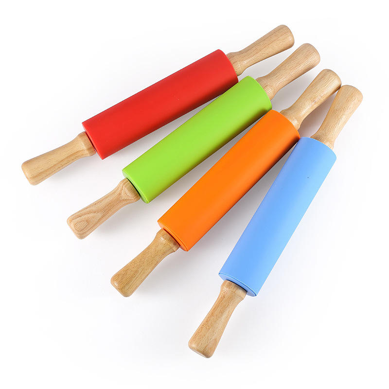 Kingwise 30cm Small Rolling Pins & Pastry Boards Silicone Non-Stick Dough Roller Wooden Long Handle Baking Tools Accessories