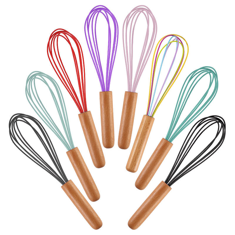 Kingwise Multi-colors Danish Dough Whisk Egg Beater Mixer Manual Matcha Silicone Wire Egg Whisk With Bamboo Wooden Handle